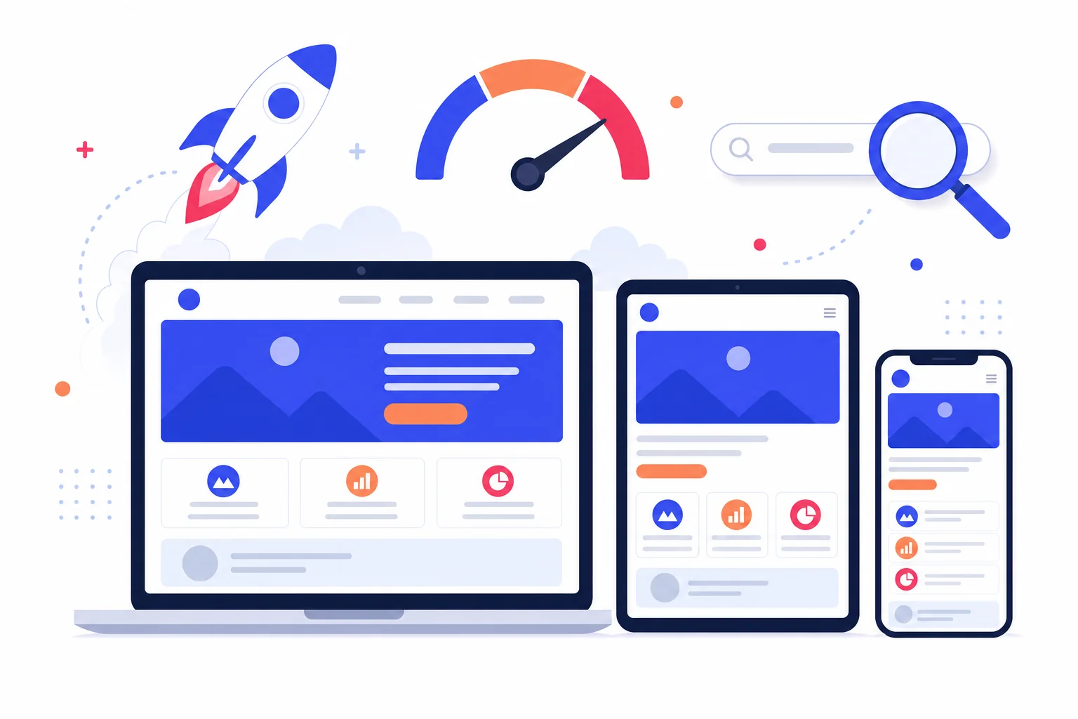 Responsive website design shown on a laptop, tablet, and phone with speed and search indicators
